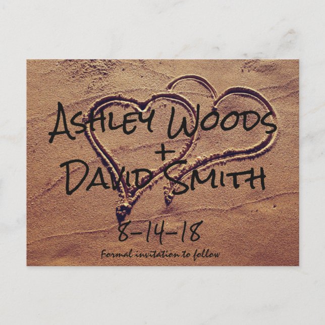 Hearts Drawn in Sand Save the Date Postcard (Front)