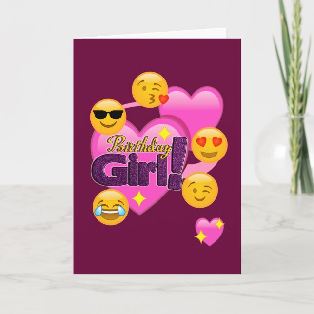 Hearts & Emojis Birthday Girl Card (Front)