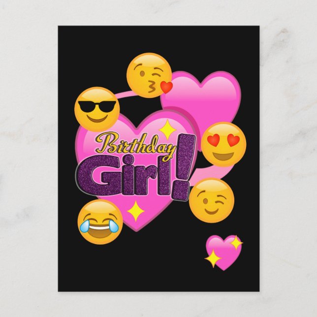 Hearts & Emojis Birthday Girl Postcard (Front)