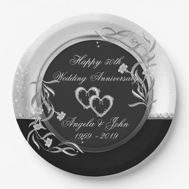 Hearts,Floral Silver Wedding Anniversary Paper Plate (Front)