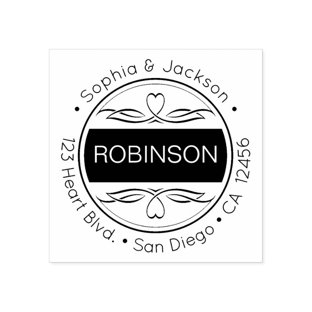 Hearts & Flourishes Friendly Round Return Address Rubber Stamp (Imprint)