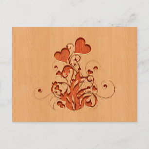 Hearts flower engraved on wood design postcard