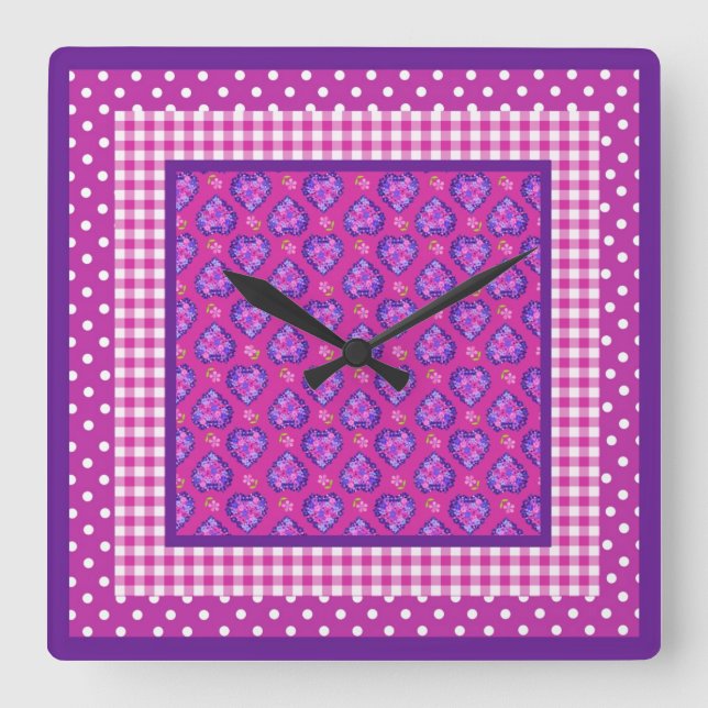 Hearts, Flowers, Checks and Polka Dots Square Wall Clock (Front)