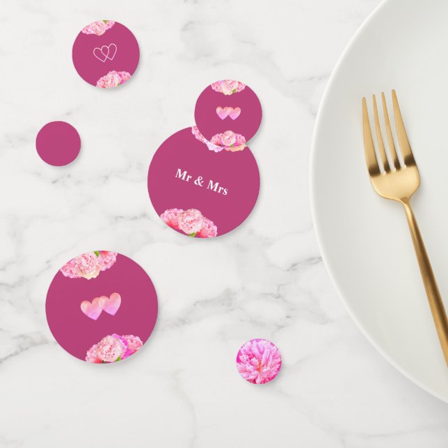 Hearts & flowers on rose gold wedding confetti (Group)