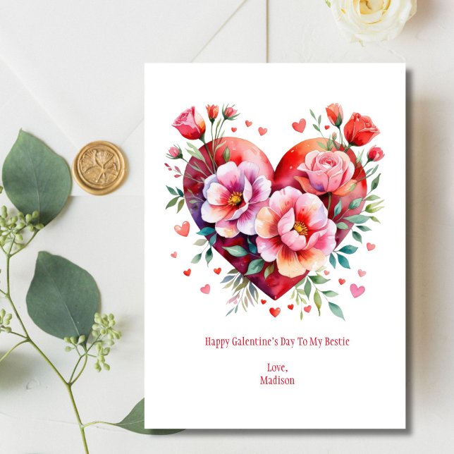 Hearts Flowers Pink Red Galentine Valentine's Day Holiday Card (Heart and Flowers watercolor Pink Red Galentine's Day Valentine's Day Card. Printed or Digital)