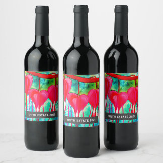 Hearts flowers watercolor floral art wine label