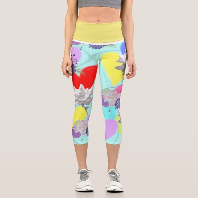 Hearts & Flowers with Aqua Background Capri Leggings (Front)