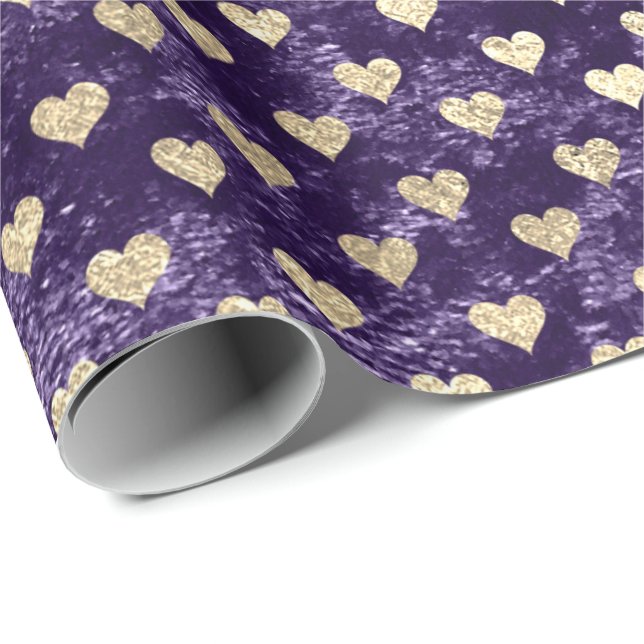 Hearts Foxier Gold Violet Purple Velvet Eggplant Wrapping Paper (Roll Corner)