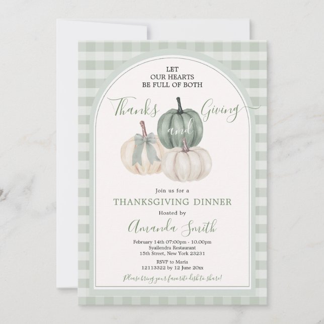 Hearts Full of Thanks Giving Sage Green Dinner Invitation (Front)