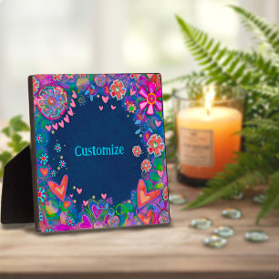 Hearts Fun Pretty Floral Blue Name Custom  Plaque