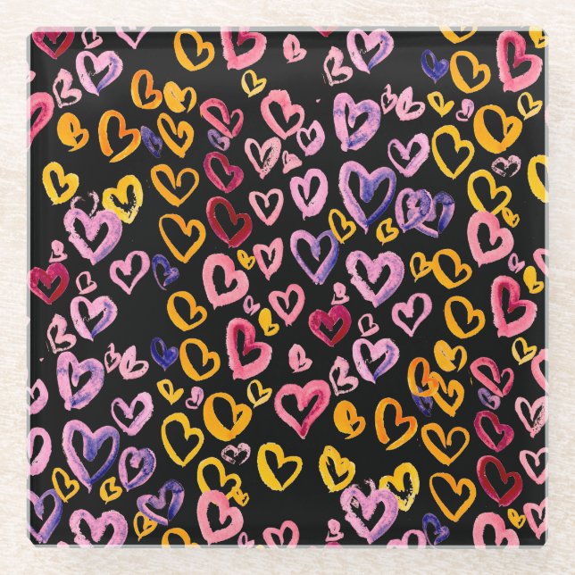 Hearts Galore: Watercolor Seamless Pattern Glass Coaster (Front)