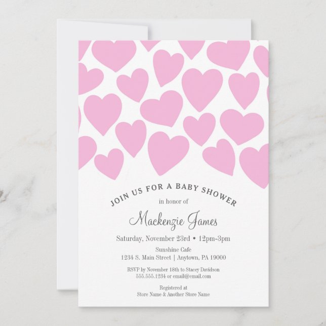 Hearts Girl Baby Shower Invitation Pink Whimsical (Front)