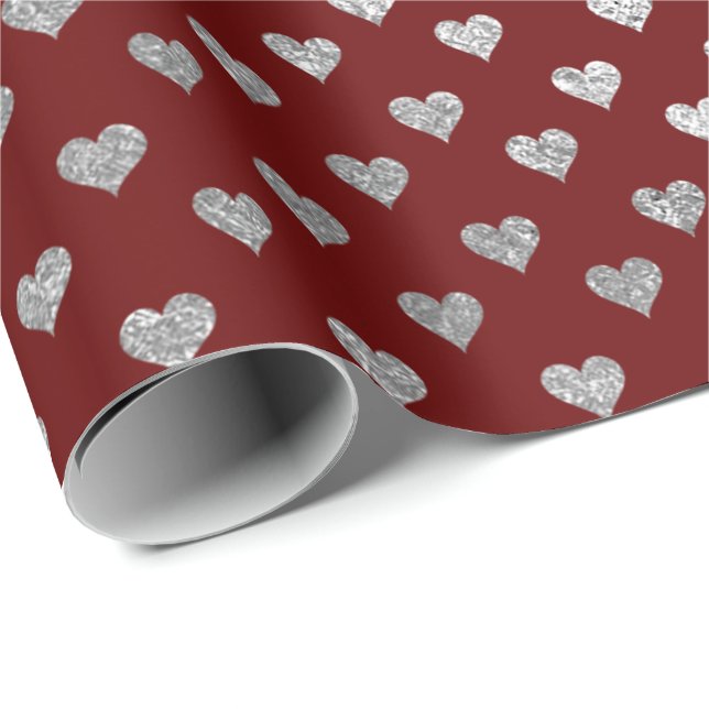 Hearts Glam Silver Burgundy Maroon Wrapping Paper (Roll Corner)