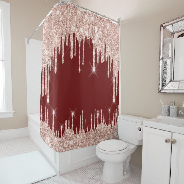 Hearts Glitter Drips Pink Rose Burgundy BORDEAUX Shower Curtain (In Situ)