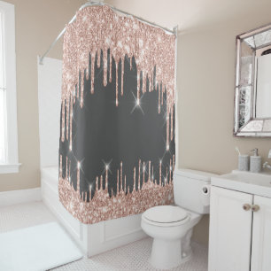 Hearts Glitter Drips Pink Rose Holographic Grey Shower Curtain