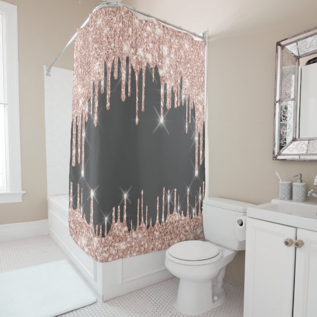 Hearts Glitter Drips Pink Rose Holographic Grey Shower Curtain (In Situ)