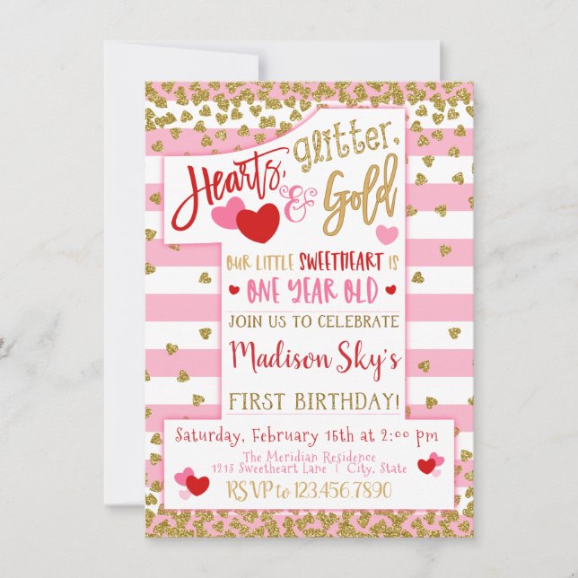 Hearts, Glitter, & Gold! Valentine 1st Birthday Invitation (Front)