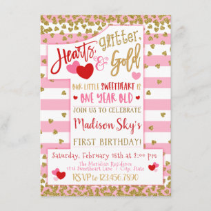 Hearts, Glitter, & Gold! Valentine 1st Birthday Invitation