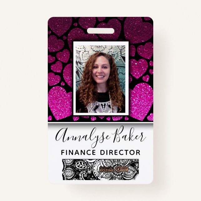 Hearts Glitter Professional CNA Nurse Photo Name ID Badge (Front)