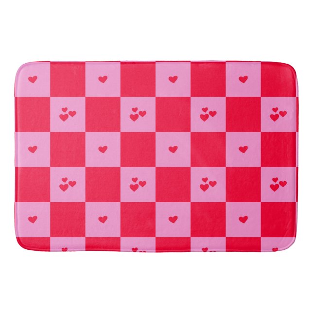 Hearts Grid pink and red Bath Mat (Front)