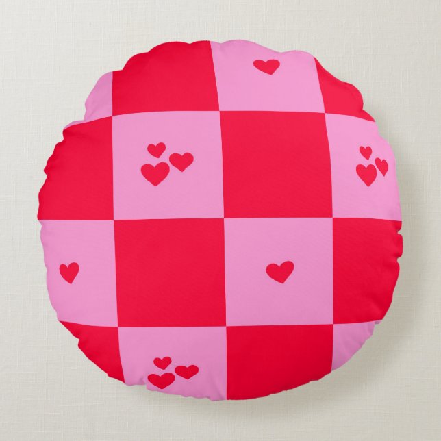 Hearts Grid pink and red Round Cushion (Front)