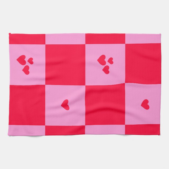 Hearts Grid pink and red Tea Towel (Horizontal)