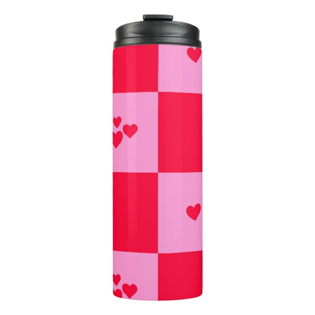 Hearts Grid pink and red Thermal Tumbler (Front)