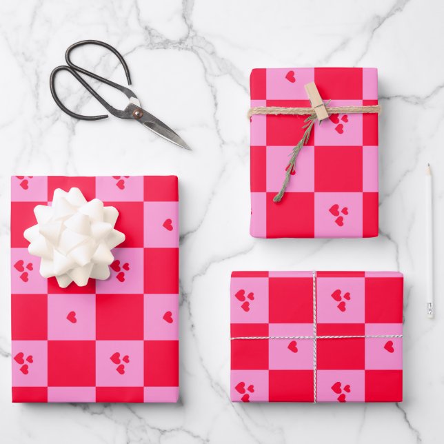 Hearts Grid pink and red Wrapping Paper Sheet (Front)
