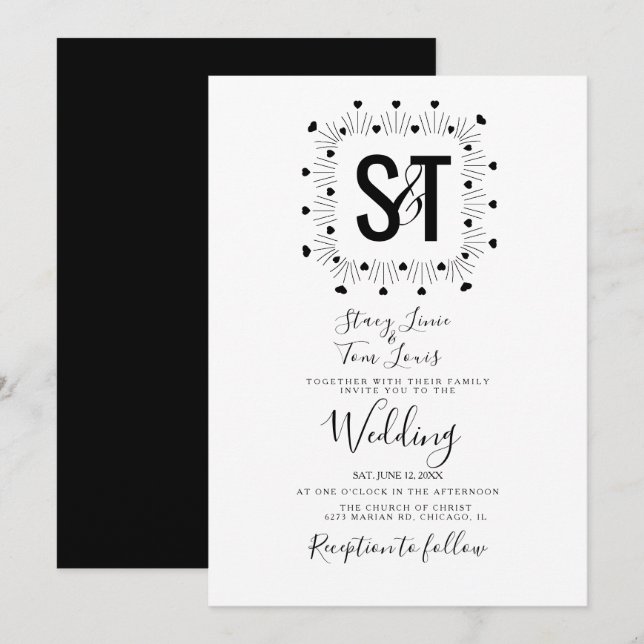  Hearts Hand Drawn Black White Wedding Invitation (Front/Back)
