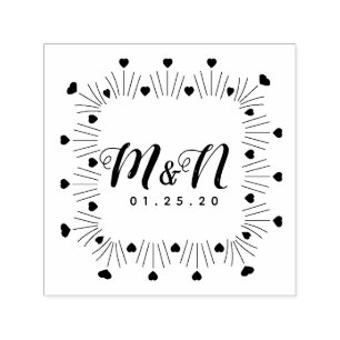 Hearts Hand-Drawn Square Frame Wedding Initials Self-inking Stamp