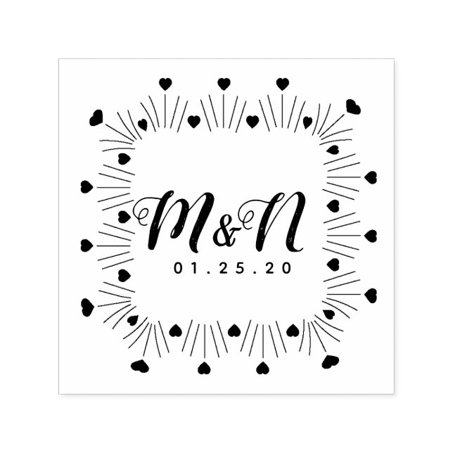 Hearts Hand-Drawn Square Frame Wedding Initials Self-inking Stamp (Design)
