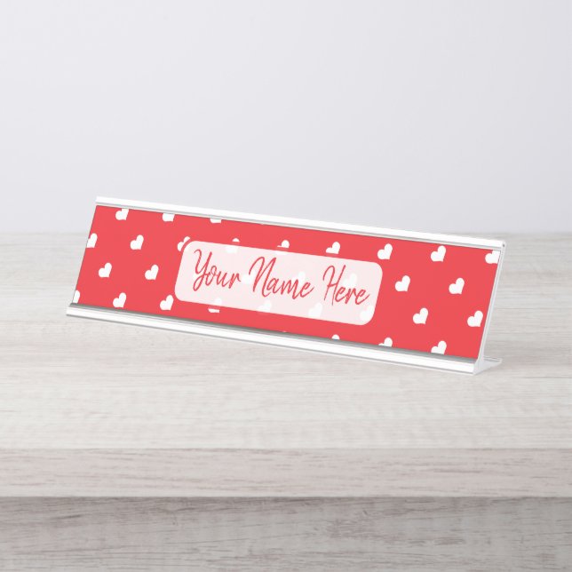 Hearts Happy Valentine’s Day Modern Love Pattern Desk Name Plate (Front)