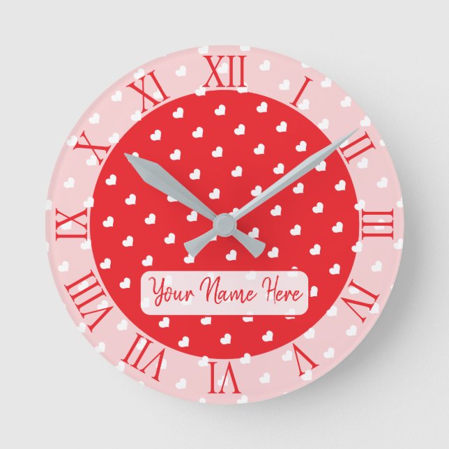 Hearts Happy Valentine’s Day Modern Love Pattern Round Clock (Front)