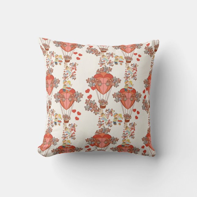 Hearts, Hot Air Balloons, Flowers & Kisses Cushion (Front)