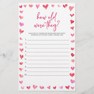 Hearts How Old Were They? Bridal Shower Game  Stationery