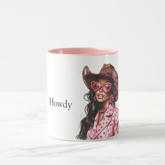 Hearts Howdy Black Lady Cowgirl Mug (Center)