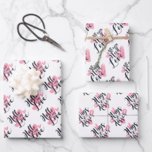 Hearts Hugs and Kisses Typography Wrapping Paper Sheet