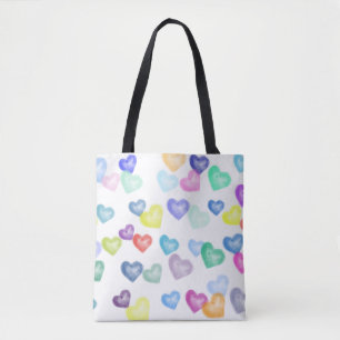 Hearts in a splash of rainbow colours on a great tote bag