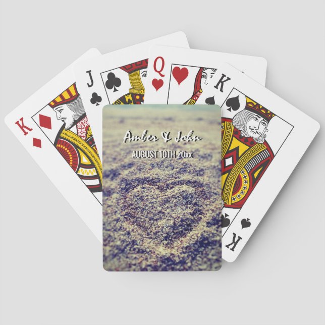 Hearts in beach sand deck of wedding playing cards (Back)