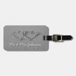 Hearts in beach sand luggage tag for newly weds
