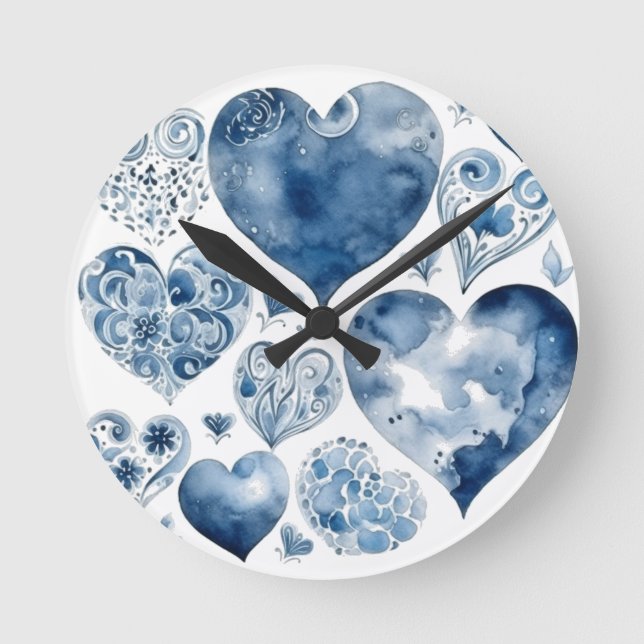 Hearts in Delft Blue  Round Clock (Front)