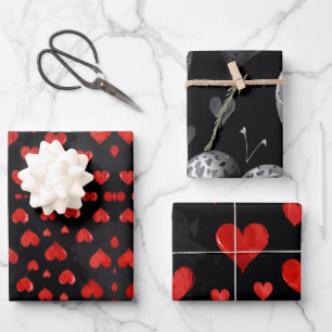 Hearts in red and silver wrapping paper sheet