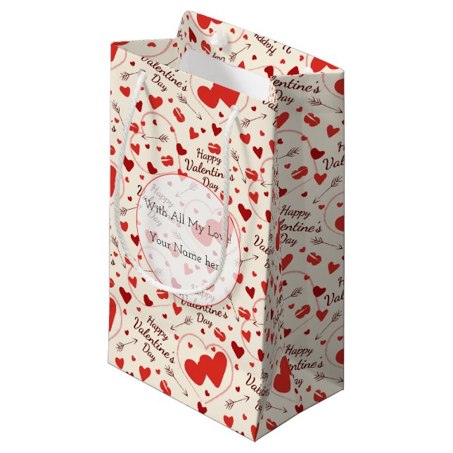 hearts in red and white valentine  small gift bag (Front Angled)