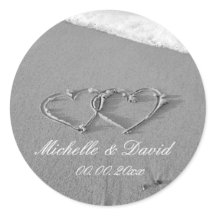 Hearts in sand beach wedding favour sticker & seal