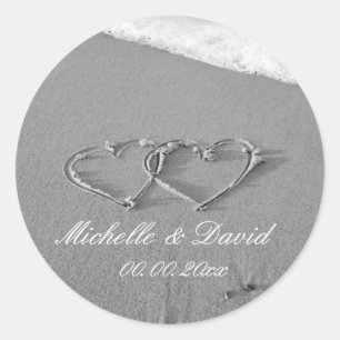Hearts in sand beach wedding favour sticker & seal