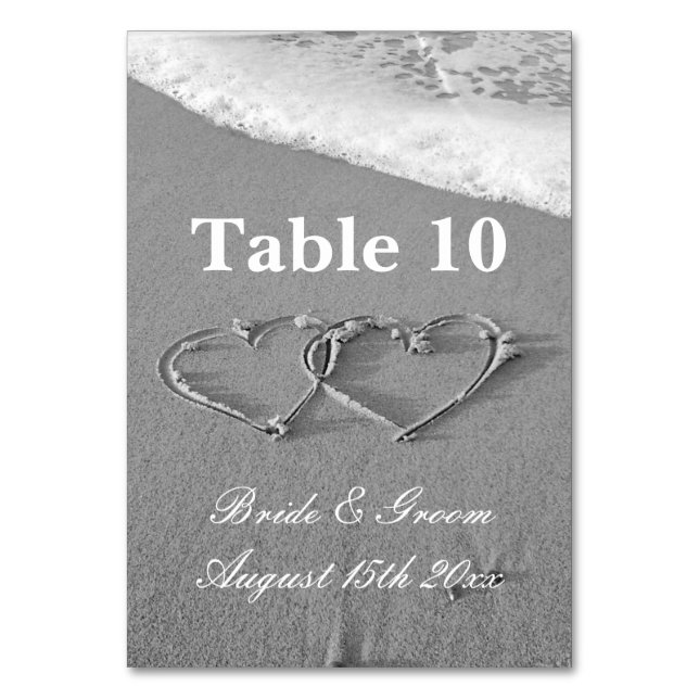 Hearts in sand drawing beach photo wedding table number (Front)