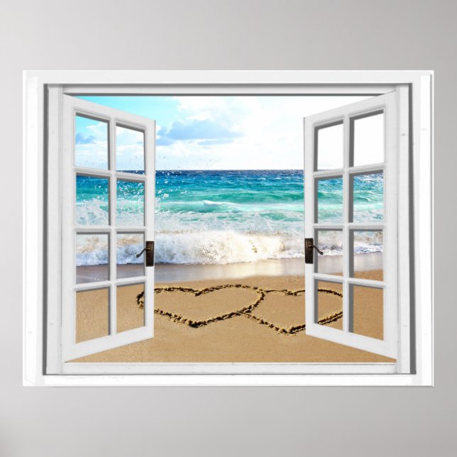 Hearts In Sand Faux Beach View Window Poster (Front)