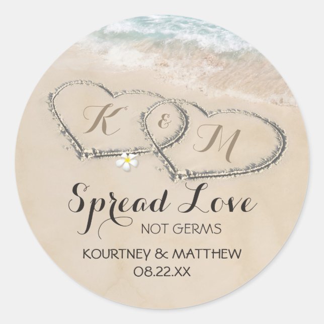 Hearts in Sand Hand Sanitizer Wedding Favour Classic Round Sticker (Front)