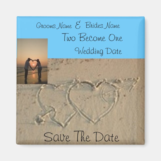 Hearts in Sand Romantic photo save the date magnet (Front)