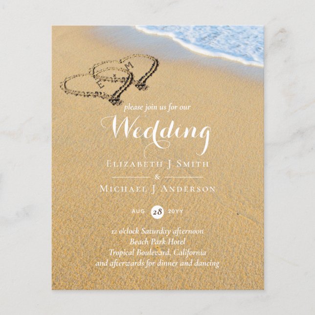 Hearts in Sand Tropical Beach Ocean Budget Wedding (Front)